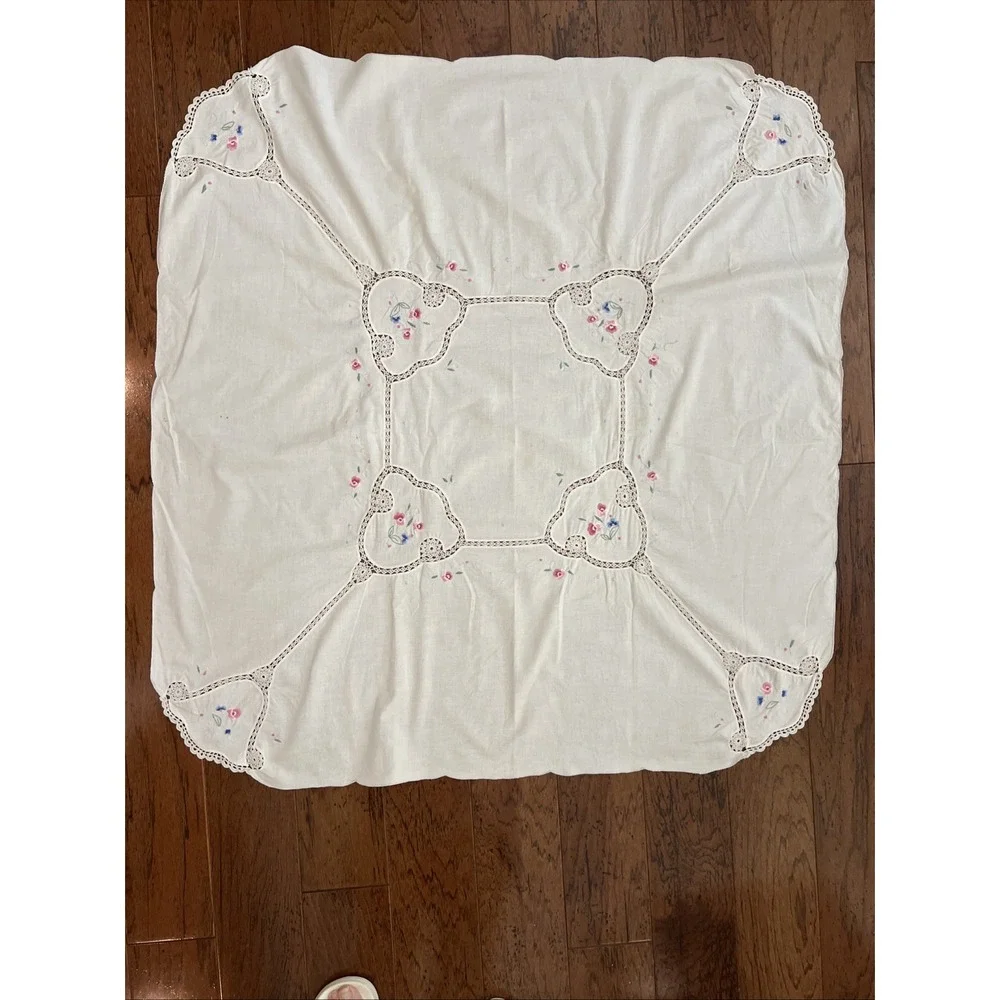 Vintage Hand Embroidered Floral Cottage Core Cotton Tablecloth 42x40 Square Ecru
